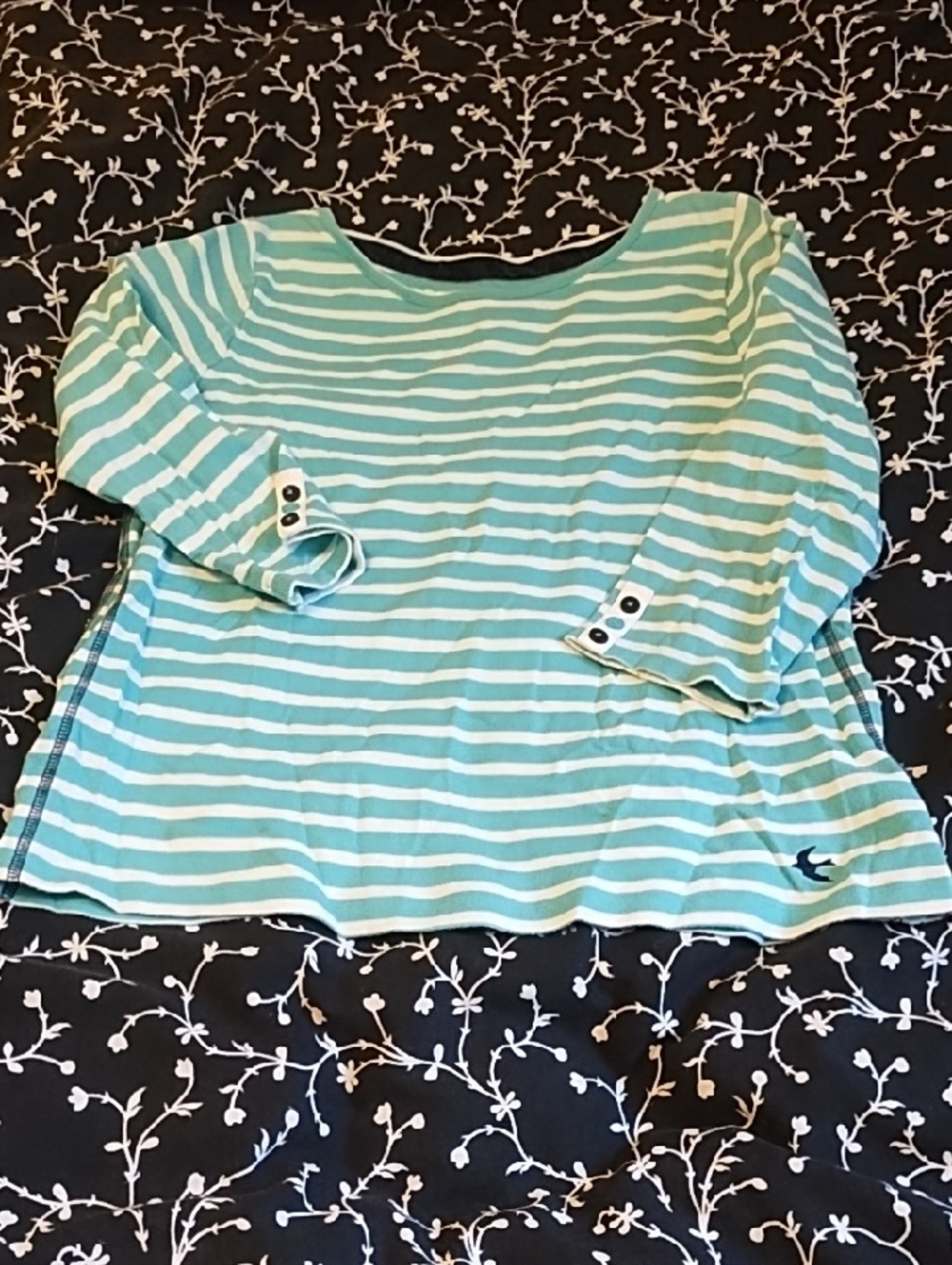 Striped Aqua and White Boatneck 3/4 Sleeve Top